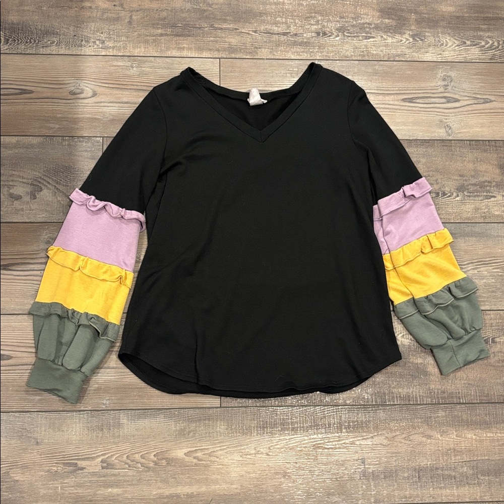 BiBi V Neck Long Sleeve Color Block Ruffled Arm Top - Picture 3 of 5